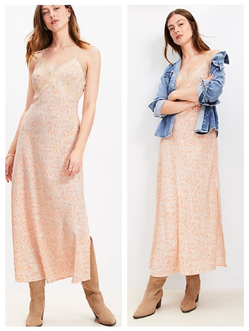 LOFT Paisley Lace Trim Midi Slip Dress